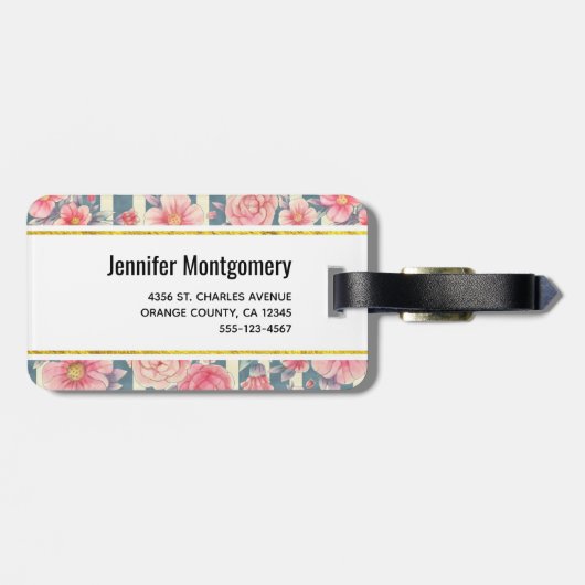 Roze Waterverf bloemen op Stripes Monogram Bagagelabel (Achterkant horizontaal)