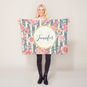 Roze Waterverf bloemen op Stripes Monogram Fleece Deken