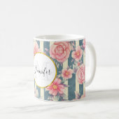 Roze Waterverf bloemen op Stripes Monogram Koffiemok (Voorkant rechts)