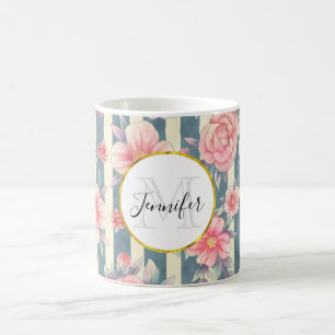 Roze Waterverf bloemen op Stripes Monogram Koffiemok