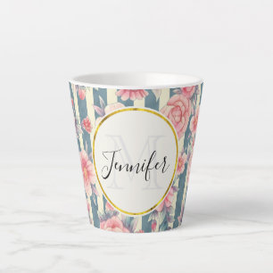 Roze Waterverf bloemen op Stripes Monogram Latte Mok