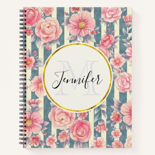 Roze Waterverf bloemen op Stripes Monogram Notitieboek (Voorkant)