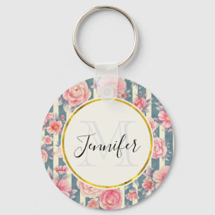 Roze Waterverf bloemen op Stripes Monogram Sleutelhanger