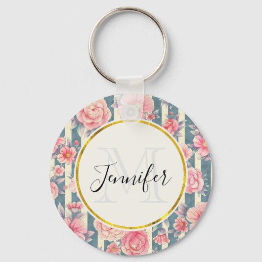 Roze Waterverf bloemen op Stripes Monogram Sleutelhanger (Voorkant)