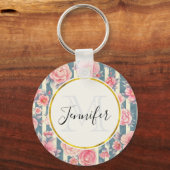 Roze Waterverf bloemen op Stripes Monogram Sleutelhanger (Voorkant)