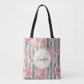Roze Waterverf bloemen op Stripes Monogram Tote Bag (Voorkant)