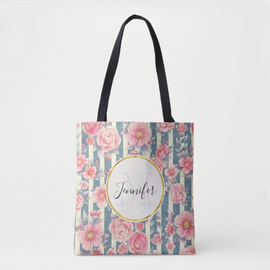 Roze Waterverf bloemen op Stripes Monogram Tote Bag (Voorkant)