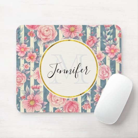 Roze Waterverf bloemen op Stripes Mousepad Muismat (Met muis)