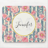 Roze Waterverf bloemen op Stripes Mousepad Muismat (Voorkant)