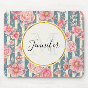 Roze Waterverf bloemen op Stripes Mousepad Muismat