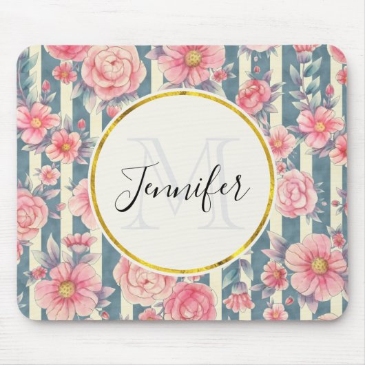 Roze Waterverf bloemen op Stripes Mousepad Muismat (Voorkant)