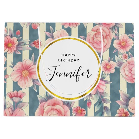 Roze Waterverf bloemen op stripes van afgelopen da Groot Cadeauzakje (Voorkant)