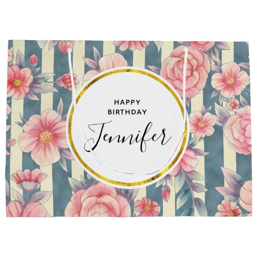 Roze Waterverf bloemen op stripes van afgelopen da Groot Cadeauzakje (Achterkant)