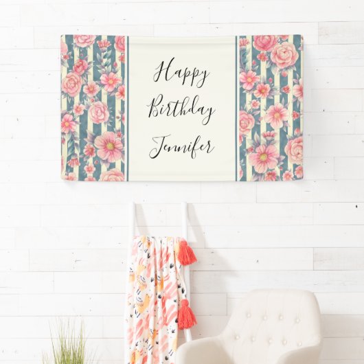 Roze Waterverf bloemen op stripes van afgelopen da Spandoek (Insitu)