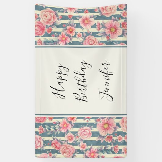 Roze Waterverf bloemen op stripes van afgelopen da Spandoek (Verticaal)