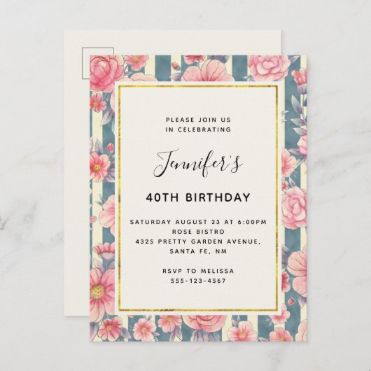 Roze Waterverf bloemen op stripes van afgelopen da Uitnodiging Briefkaart (Voorkant / Achterkant)