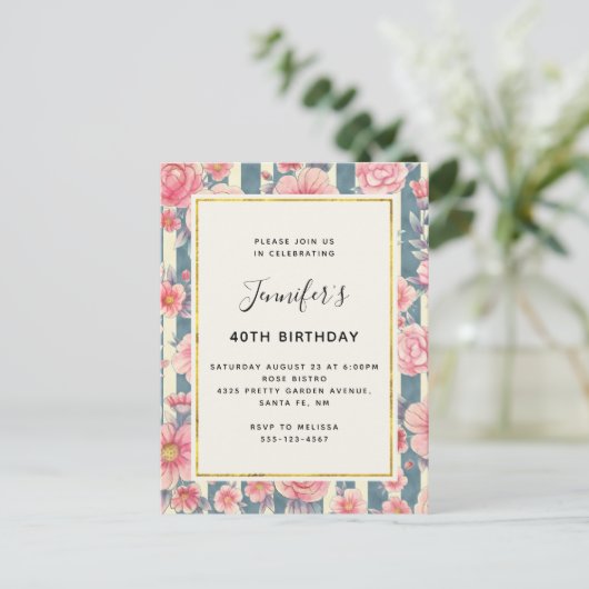 Roze Waterverf bloemen op stripes van afgelopen da Uitnodiging Briefkaart (Staand voorkant)