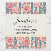 Roze Waterverf bloemen op stripes van afgelopen da Wijn Etiket (Enkel label)