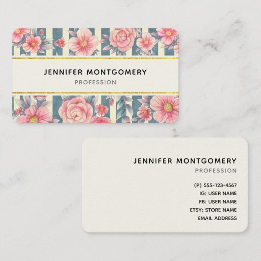 Roze Waterverf Bloemen op Stripes Visitekaartje (Voorkant / Achterkant)
