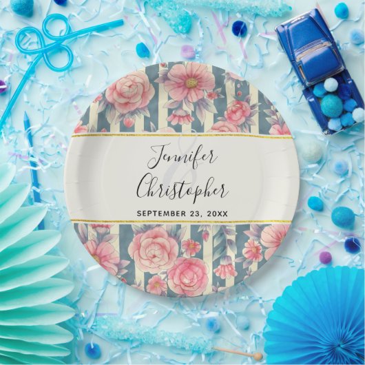 Roze Waterverf bloemen op stripes Weddenschap P Papieren Bordje (Feest)