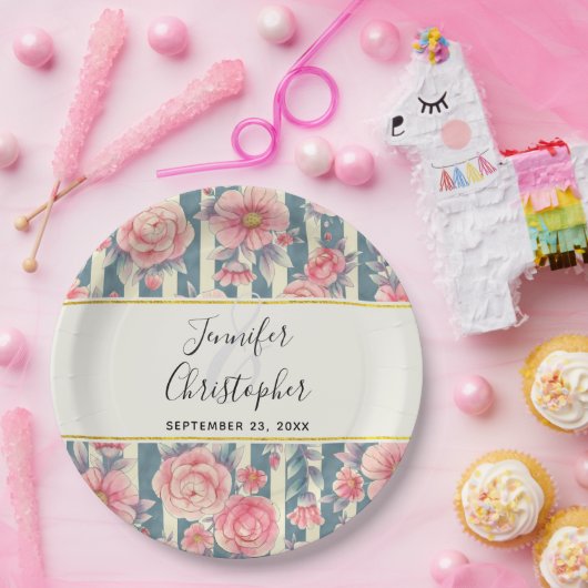 Roze Waterverf bloemen op stripes Weddenschap P Papieren Bordje (Feest)