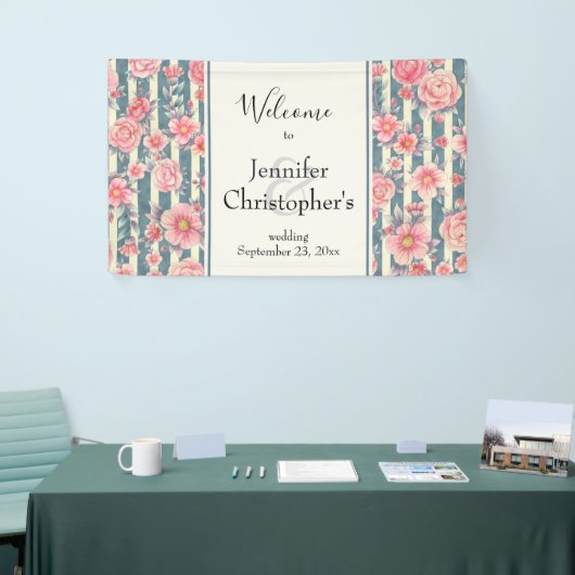 Roze Waterverf bloemen op Stripes Weddenschap Welk Spandoek (Beurs)