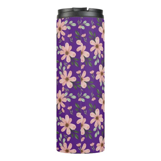 roze waterverf bloemen patroon thermosbeker (Achterkant)