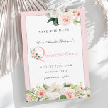 Roze Waterverf Bloemen Quinceañera Save the Date<br><div class="desc">Een save the date voor een Quinceanera in prachtige vrouwelijke stijl met deze mooie waterverf bloemenuitnodiging in blozend roze pastels. Het woord "Quinceanera" is gespeld in pastelroze en is verfraaid met een bijpassend bloemboeket met achtergebleven groen. Een bijpassende pastelroze rand lijsten de uitnodigingstekst prachtig. De type gezichtsparingen die in dit...</div>