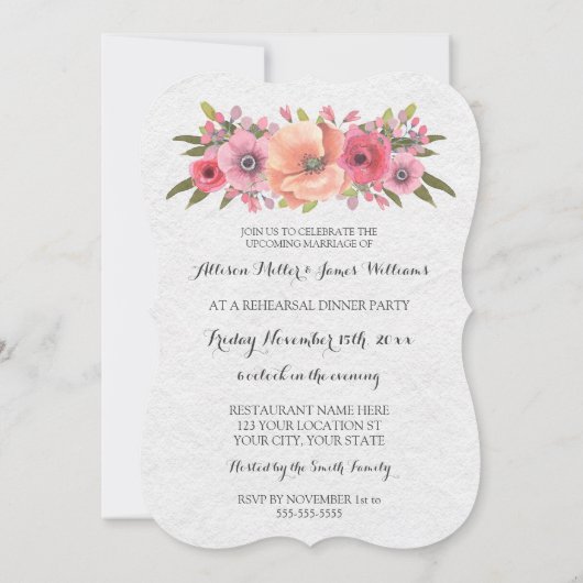 Roze Waterverf Bloemen repetitie Diner Party Kaart (Achterkant)