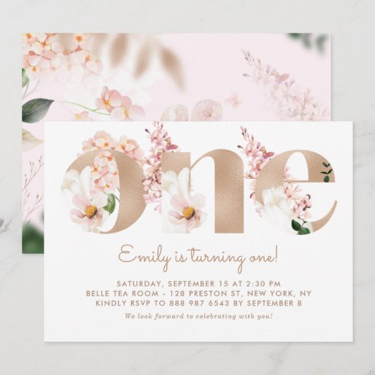 Roze Waterverf bloemen Roos Gold First Birthday Kaart (Voorkant / Achterkant)