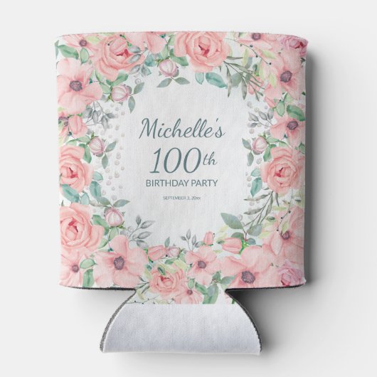 Roze Waterverf Bloemen Rozen 100e Verjaardag Naam Blikjeskoeler (Achterkant)