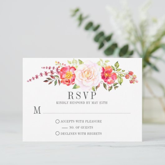 Roze Waterverf Bloemen Rozen Groen RSVP (Staand voorkant)