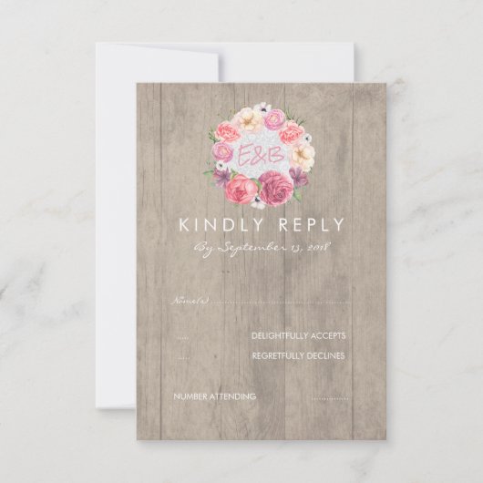 Roze Waterverf Bloemen Rustiek Hout Wedding RSVP (Voorkant)