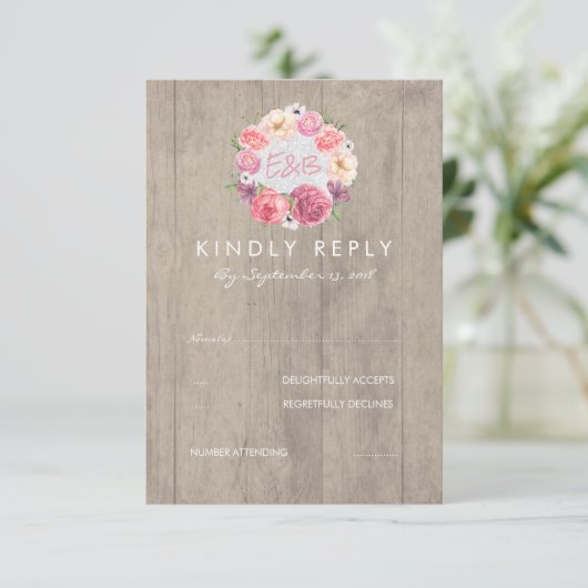 Roze Waterverf Bloemen Rustiek Hout Wedding RSVP (Staand voorkant)