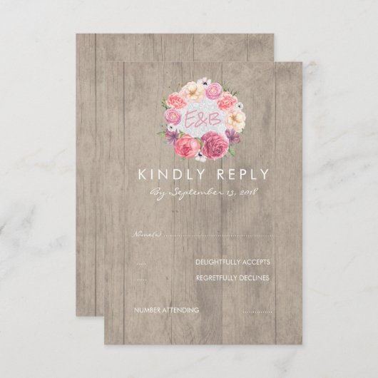 Roze Waterverf Bloemen Rustiek Hout Wedding RSVP (Voorkant / Achterkant)