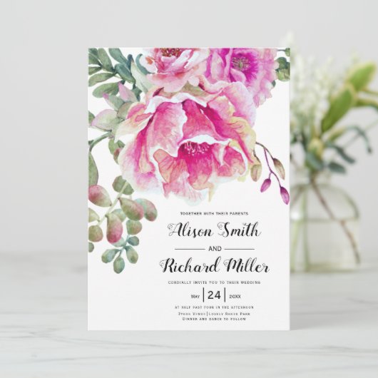 Roze waterverf bloemen script typografie bruiloft kaart (Staand voorkant)