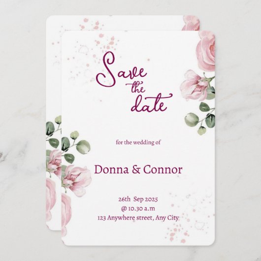 Roze Waterverf Bloemen Trouw Uitnodiging  (Voorkant / Achterkant)