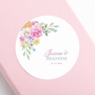 Roze Waterverf Bloemen Tuin Thee Party Bruiloft Ronde Sticker