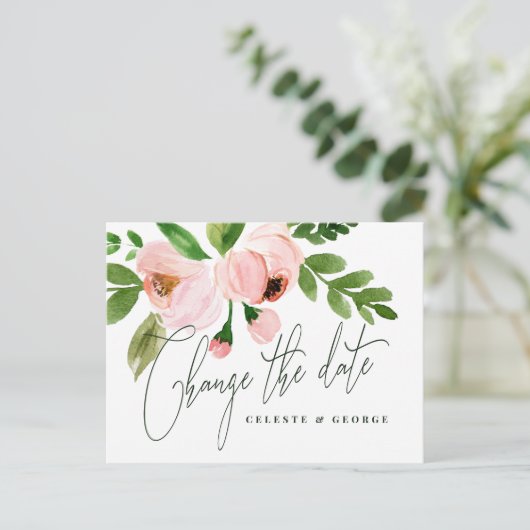 Roze waterverf bloemen veranderen de datum van het aankondigingskaart (Staand voorkant)