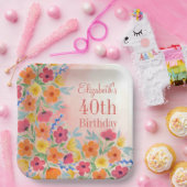 Roze Waterverf Bloemen Verjaardag Papieren Bordje (Feest)