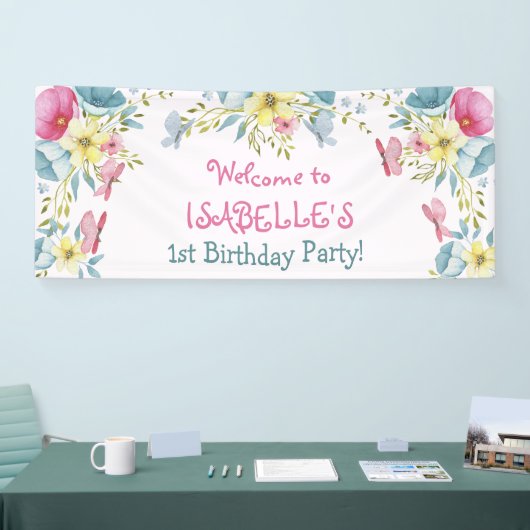 Roze Waterverf Bloemen Verjaardag Spandoek (Beurs)