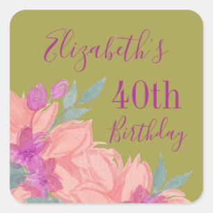 Roze Waterverf Bloemen Verjaardag Vierkante Sticker