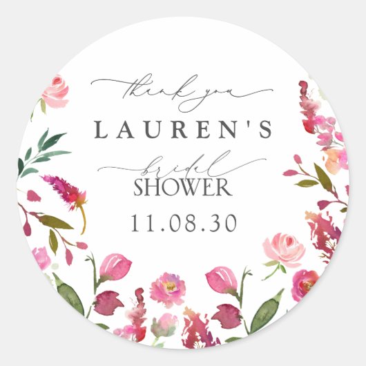 Roze Waterverf Bloemen Vrijgezellenfeest Dank u Ronde Sticker (Voorkant)