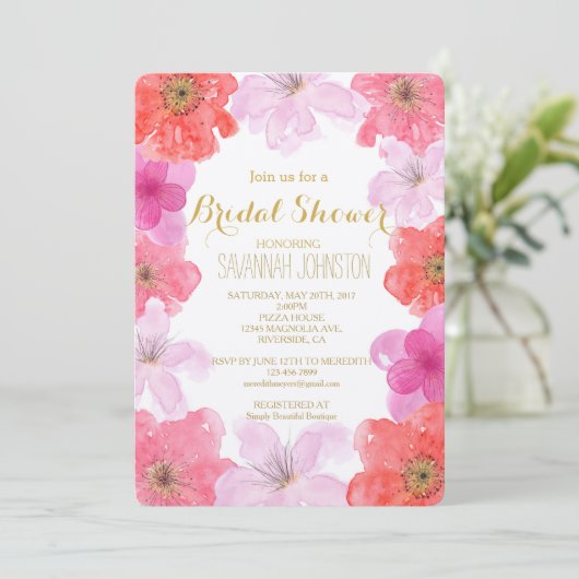  Roze Waterverf Bloemen Vrijgezellenfeest Kaart (Staand voorkant)