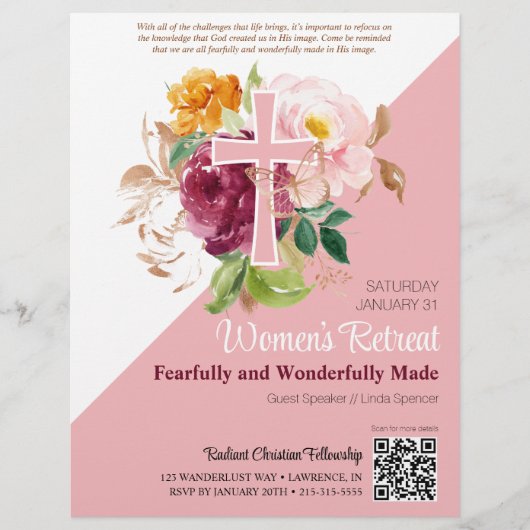 Roze Waterverf Bloemen Vrouwen Kerk Retreat Flyer (Voorkant)