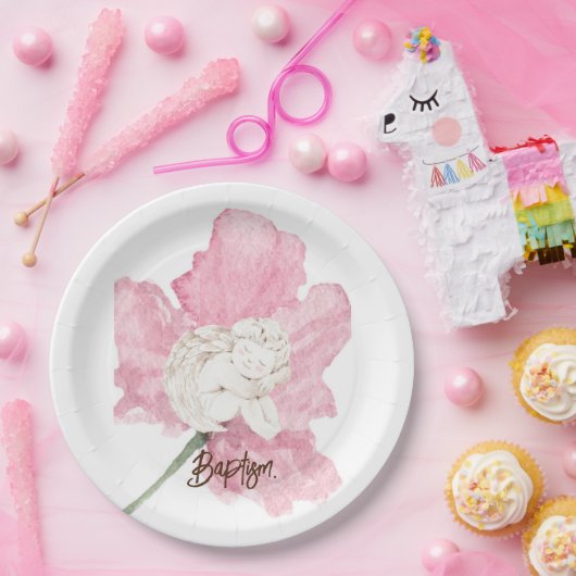 Roze Waterverf Bloemen Wit Kind Engel Doop Papieren Bordje (Feest)