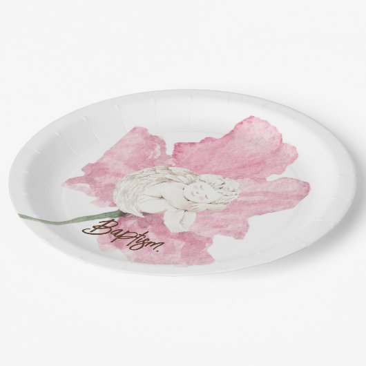 Roze Waterverf Bloemen Wit Kind Engel Doop Papieren Bordje (Gekanteld)