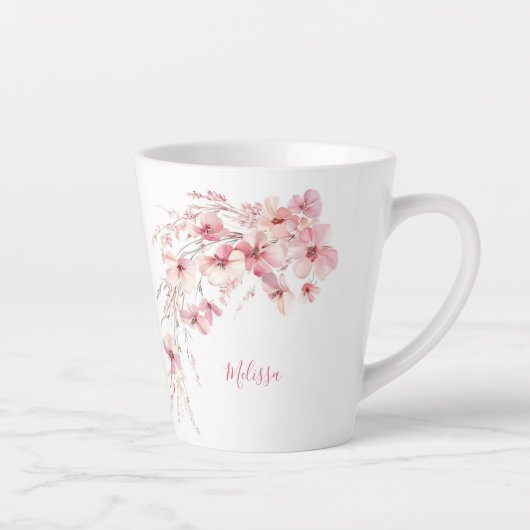 Roze Waterverf Bloemen Wit Monogram Latte Mok (Rechts)