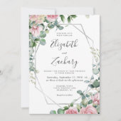 Roze Waterverf Bloemen Zilveren Lijst bruiloft Kaart (Voorkant)