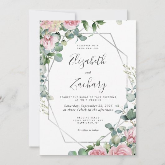  Roze Waterverf Bloemen Zilveren Lijst bruiloft Kaart (Voorkant)